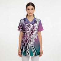 Aloha Vintage Plumeria Hawaiian Tapa Pattern Scrub Top Gradient Hawaiian Tapa Pattern LT9 - Polynesian Pride