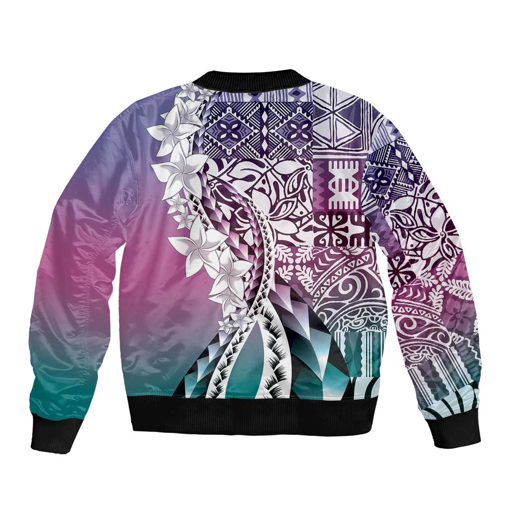 Aloha Vintage Plumeria Hawaiian Tapa Pattern Sleeve Zip Bomber Jacket Gradient Hawaiian Tapa Pattern LT9 - Polynesian Pride