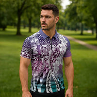 Aloha Vintage Plumeria Hawaiian Tapa Pattern Zipper Polo Shirt Gradient Hawaiian Tapa Pattern LT9 - Polynesian Pride