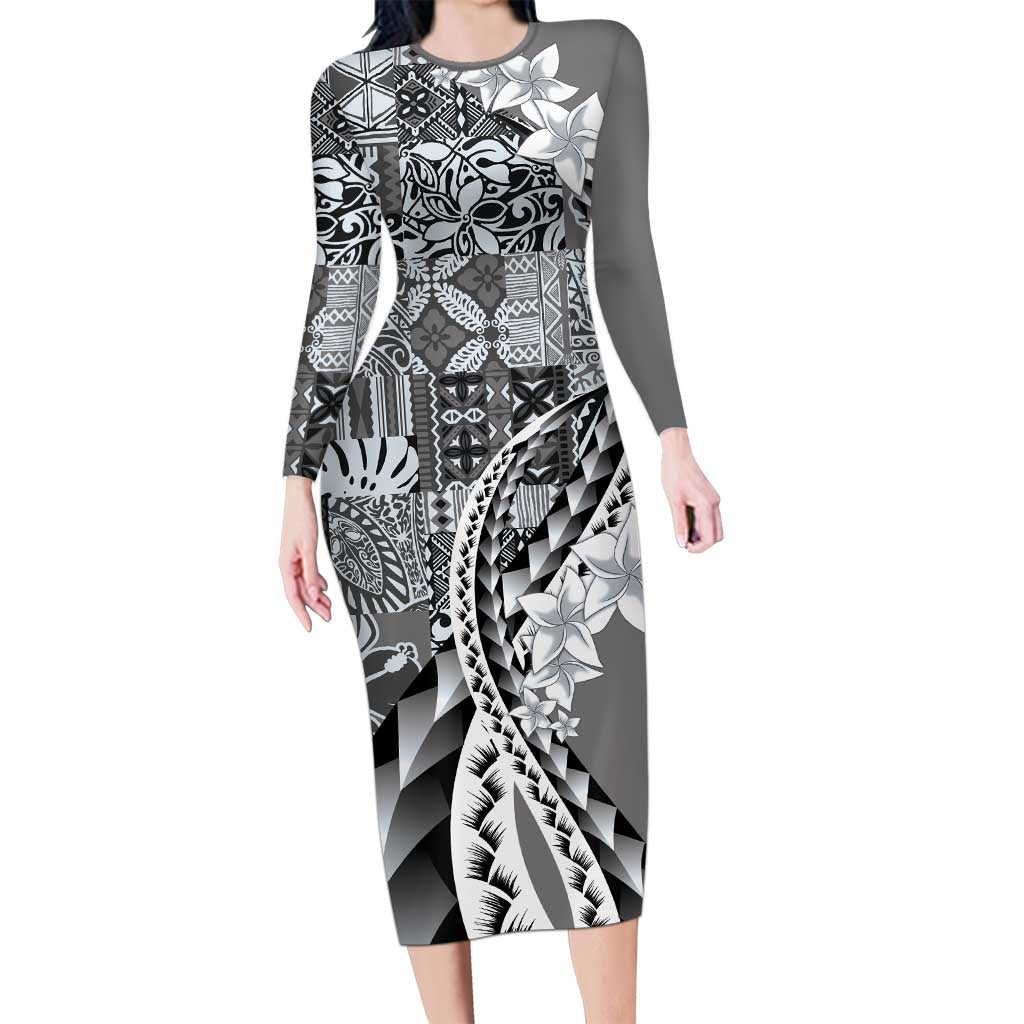 Aloha Vintage Plumeria Hawaiian Tapa Pattern Long Sleeve Bodycon Dress Gray Hawaiian Tapa Pattern LT9 Long Dress Gray - Polynesian Pride
