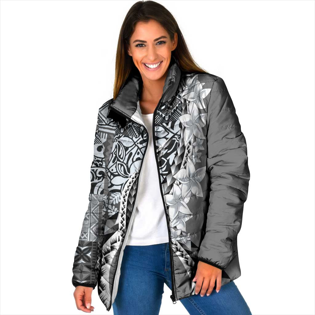 Aloha Vintage Plumeria Hawaiian Tapa Pattern Padded Jacket Gray Hawaiian Tapa Pattern LT9 Women Gray - Polynesian Pride