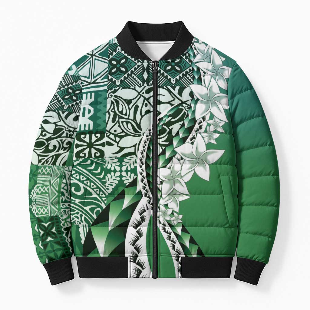 Aloha Vintage Plumeria Hawaiian Tapa Pattern Bomber Puffer Jacket Green Hawaiian Tapa Pattern LT9 Unisex Green - Polynesian Pride