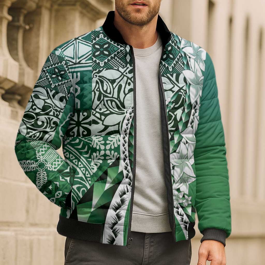 Aloha Vintage Plumeria Hawaiian Tapa Pattern Bomber Puffer Jacket Green Hawaiian Tapa Pattern LT9 - Polynesian Pride