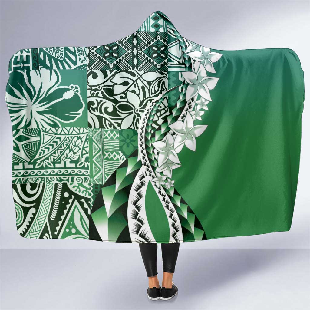 Aloha Vintage Plumeria Hawaiian Tapa Pattern Hooded Blanket Green Hawaiian Tapa Pattern LT9 One Size Green - Polynesian Pride