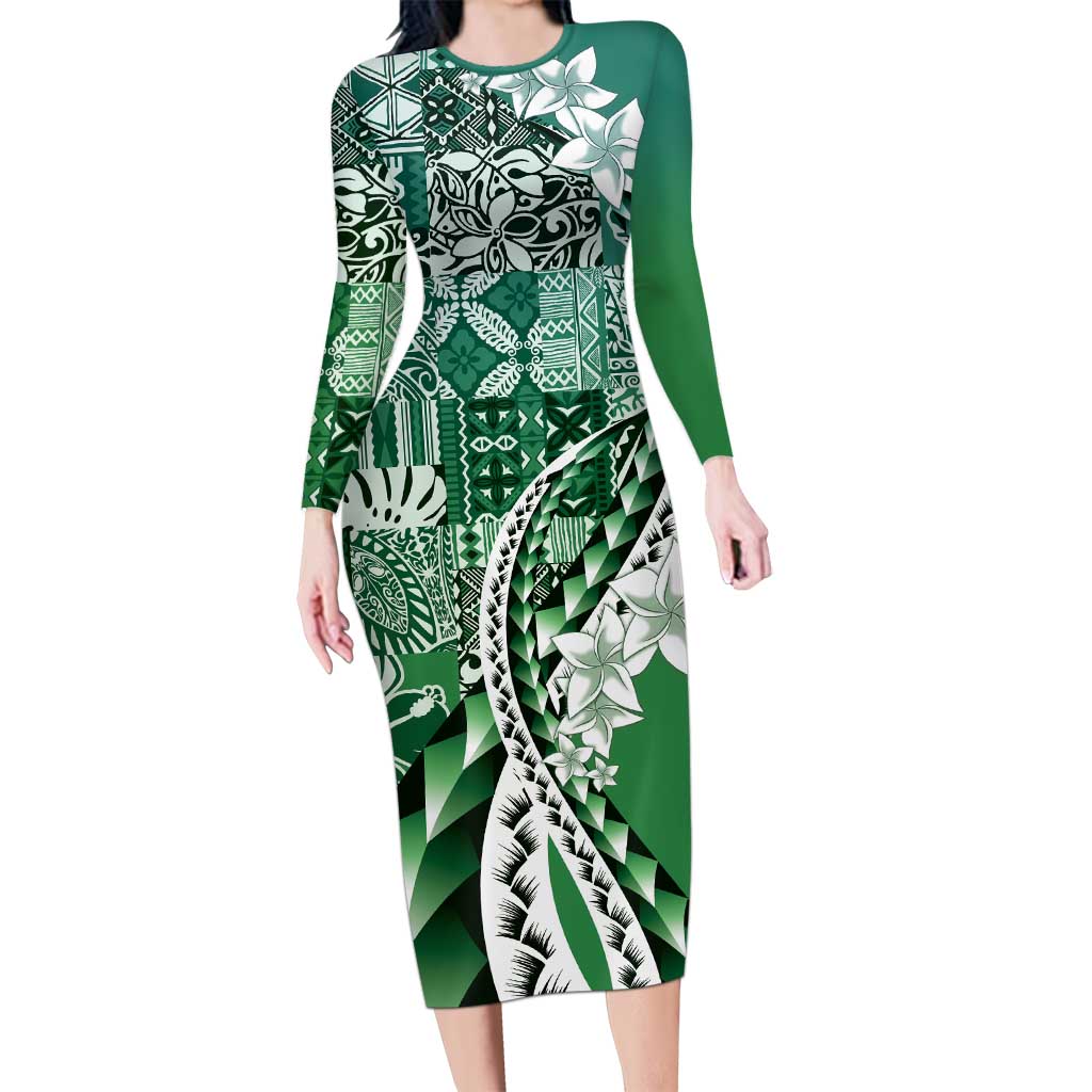 Aloha Vintage Plumeria Hawaiian Tapa Pattern Long Sleeve Bodycon Dress Green Hawaiian Tapa Pattern LT9 Long Dress Green - Polynesian Pride