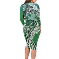 Aloha Vintage Plumeria Hawaiian Tapa Pattern Long Sleeve Bodycon Dress Green Hawaiian Tapa Pattern LT9 - Polynesian Pride
