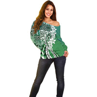Aloha Vintage Plumeria Hawaiian Tapa Pattern Off Shoulder Sweater Green Hawaiian Tapa Pattern LT9 - Polynesian Pride