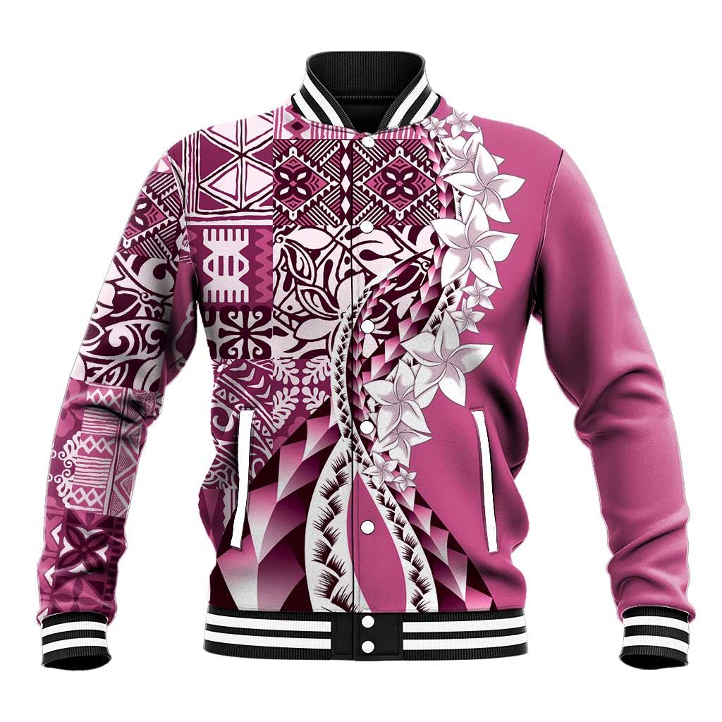 Aloha Vintage Plumeria Hawaiian Tapa Pattern Baseball Jacket Pink Hawaiian Tapa Pattern LT9 Unisex Pink - Polynesian Pride