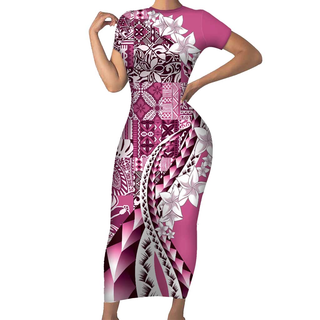 Aloha Vintage Plumeria Hawaiian Tapa Pattern Short Sleeve Bodycon Dress Pink Hawaiian Tapa Pattern LT9 Long Dress Pink - Polynesian Pride