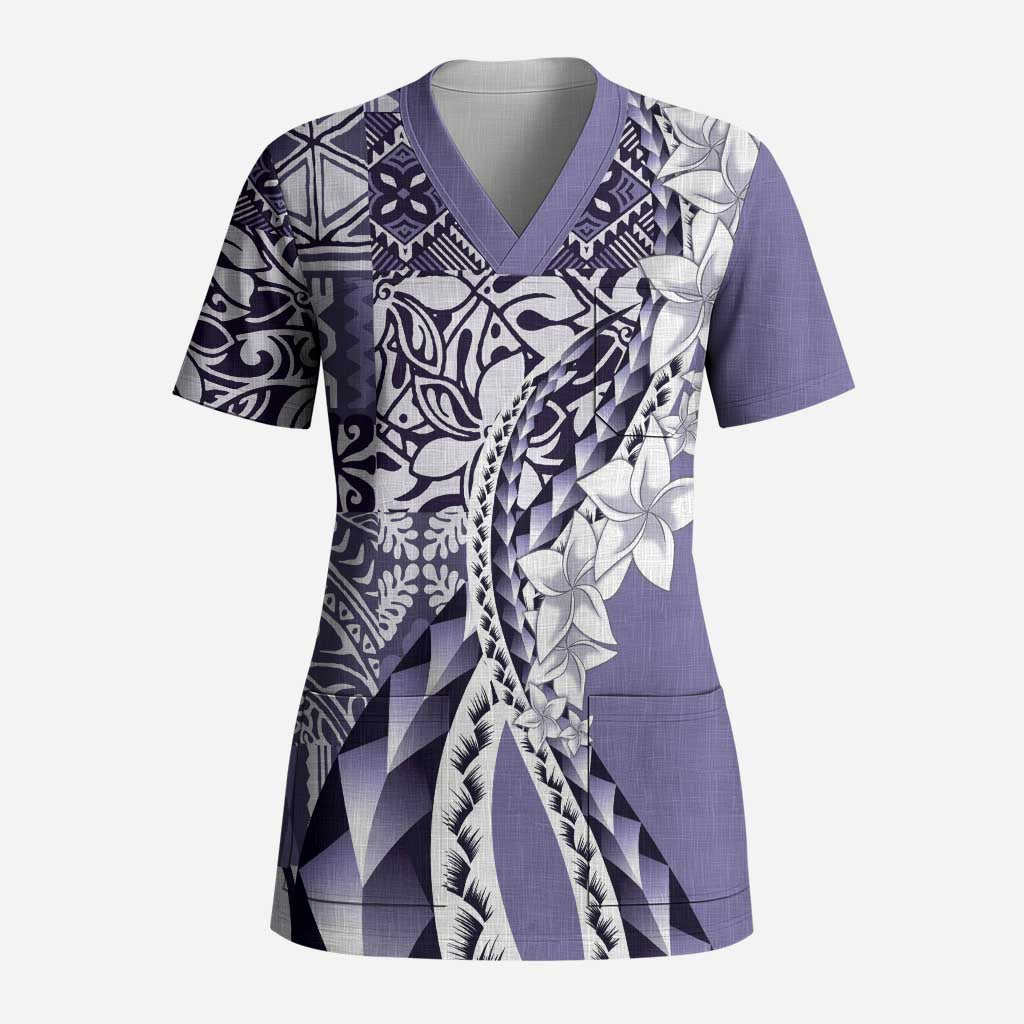 Aloha Vintage Plumeria Hawaiian Tapa Pattern Scrub Top Purple Hawaiian Tapa Pattern LT9 Adult Purple - Polynesian Pride