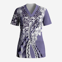 Aloha Vintage Plumeria Hawaiian Tapa Pattern Scrub Top Purple Hawaiian Tapa Pattern LT9 Adult Purple - Polynesian Pride