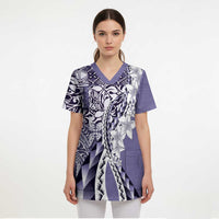 Aloha Vintage Plumeria Hawaiian Tapa Pattern Scrub Top Purple Hawaiian Tapa Pattern LT9 - Polynesian Pride