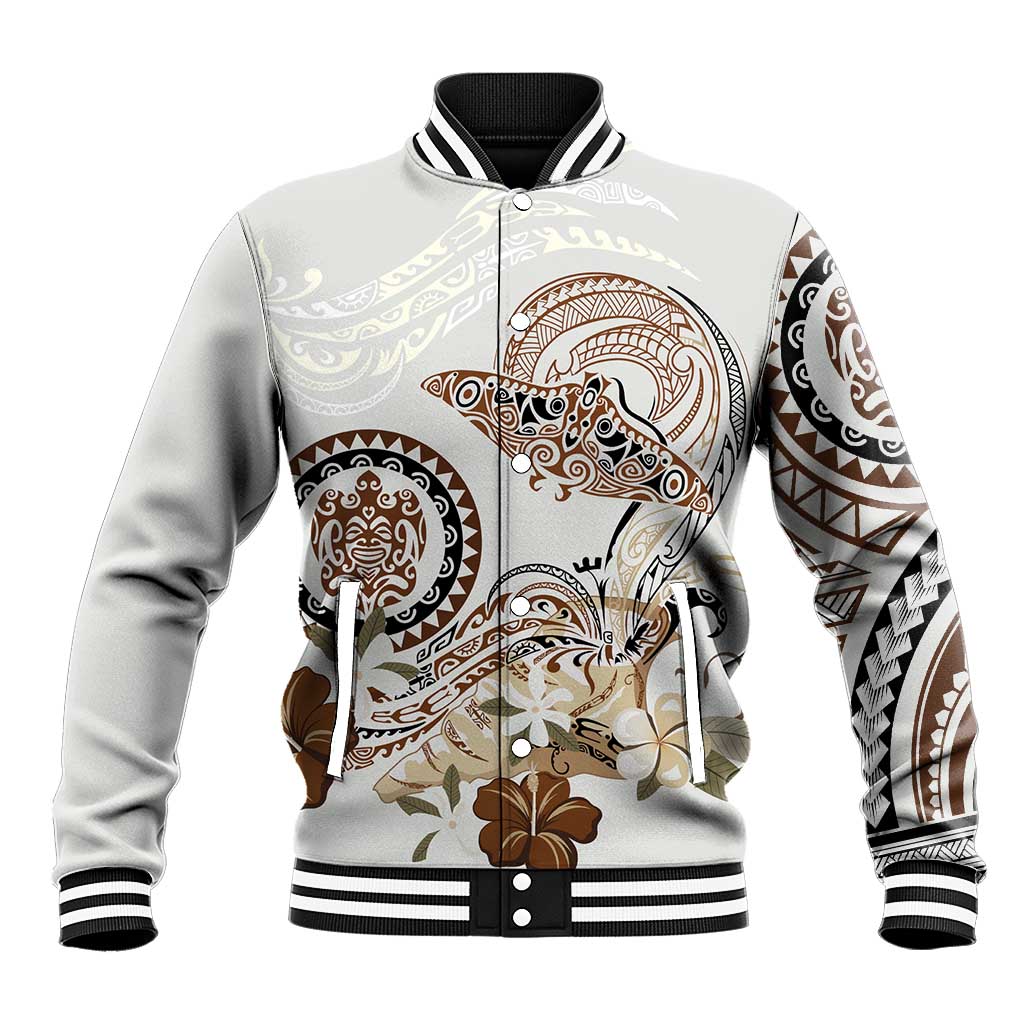 Polynesian Manta Ray Baseball Jacket Beige Floral Turtle Tattoo LT9 Unisex Beige - Polynesian Pride