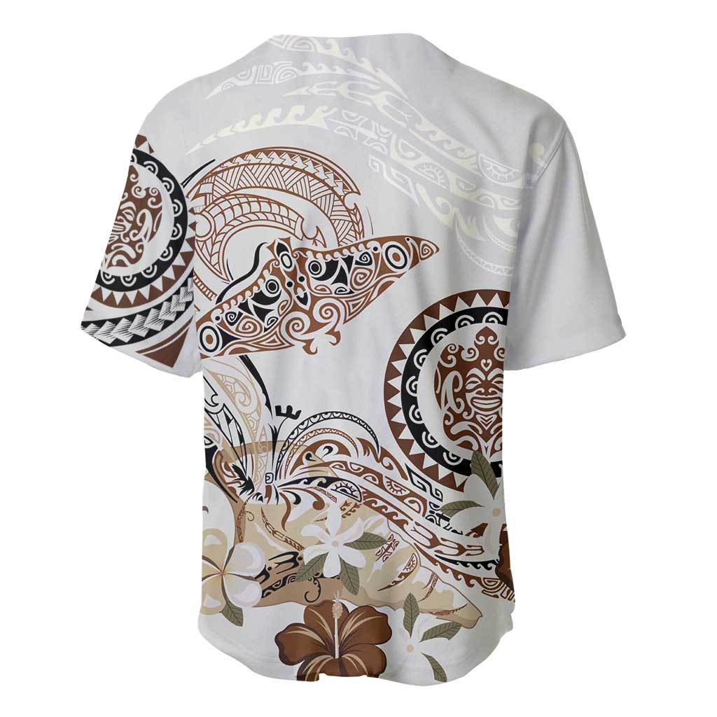 Polynesian Manta Ray Baseball Jersey Beige Floral Turtle Tattoo LT9 - Polynesian Pride