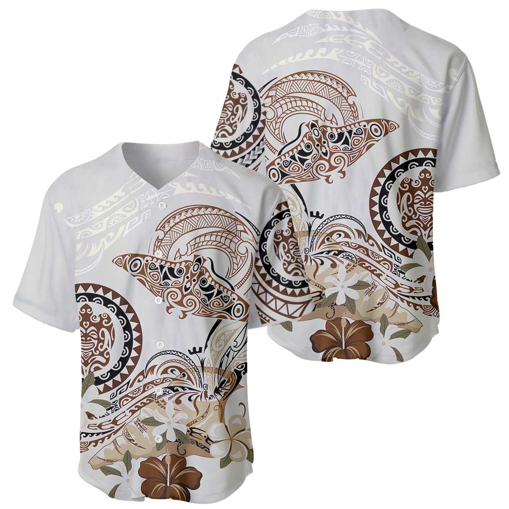 Polynesian Manta Ray Baseball Jersey Beige Floral Turtle Tattoo LT9 - Polynesian Pride