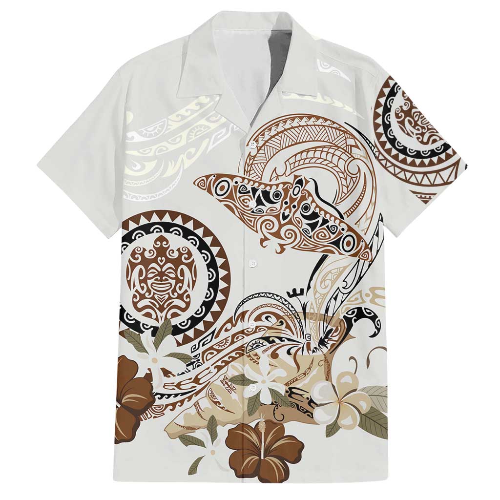 Polynesian Manta Ray Hawaiian Shirt Beige Floral Turtle Tattoo LT9 Beige - Polynesian Pride
