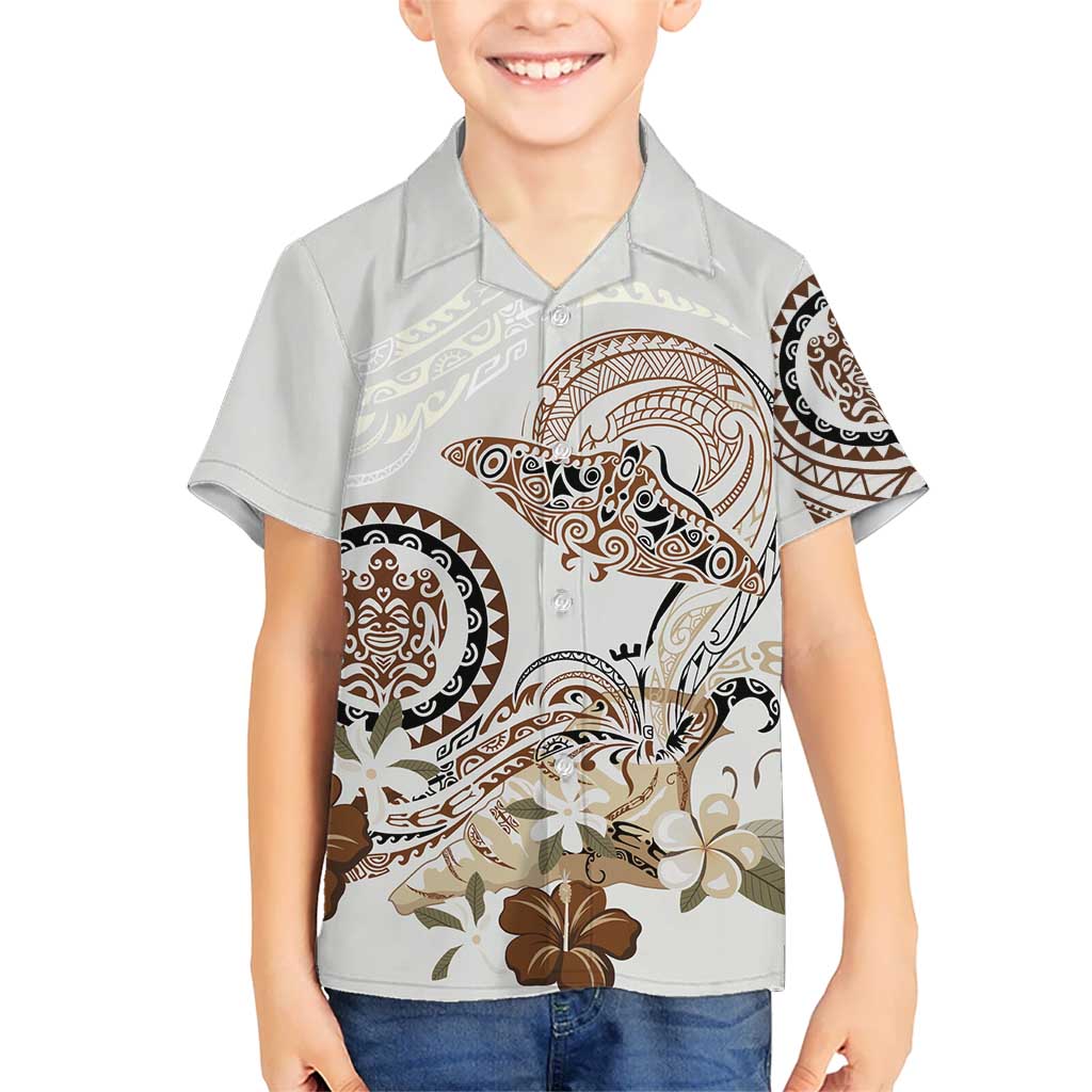 Polynesian Manta Ray Kid Hawaiian Shirt Beige Floral Turtle Tattoo LT9 Kid Beige - Polynesian Pride