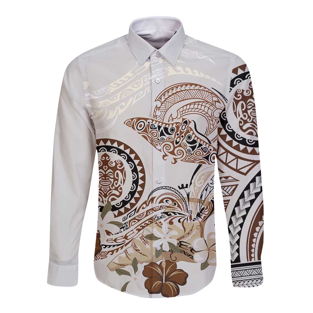 Polynesian Manta Ray Long Sleeve Button Shirt Beige Floral Turtle Tattoo LT9 Unisex Beige - Polynesian Pride