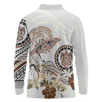 Polynesian Manta Ray Long Sleeve Polo Shirt Beige Floral Turtle Tattoo LT9 - Polynesian Pride