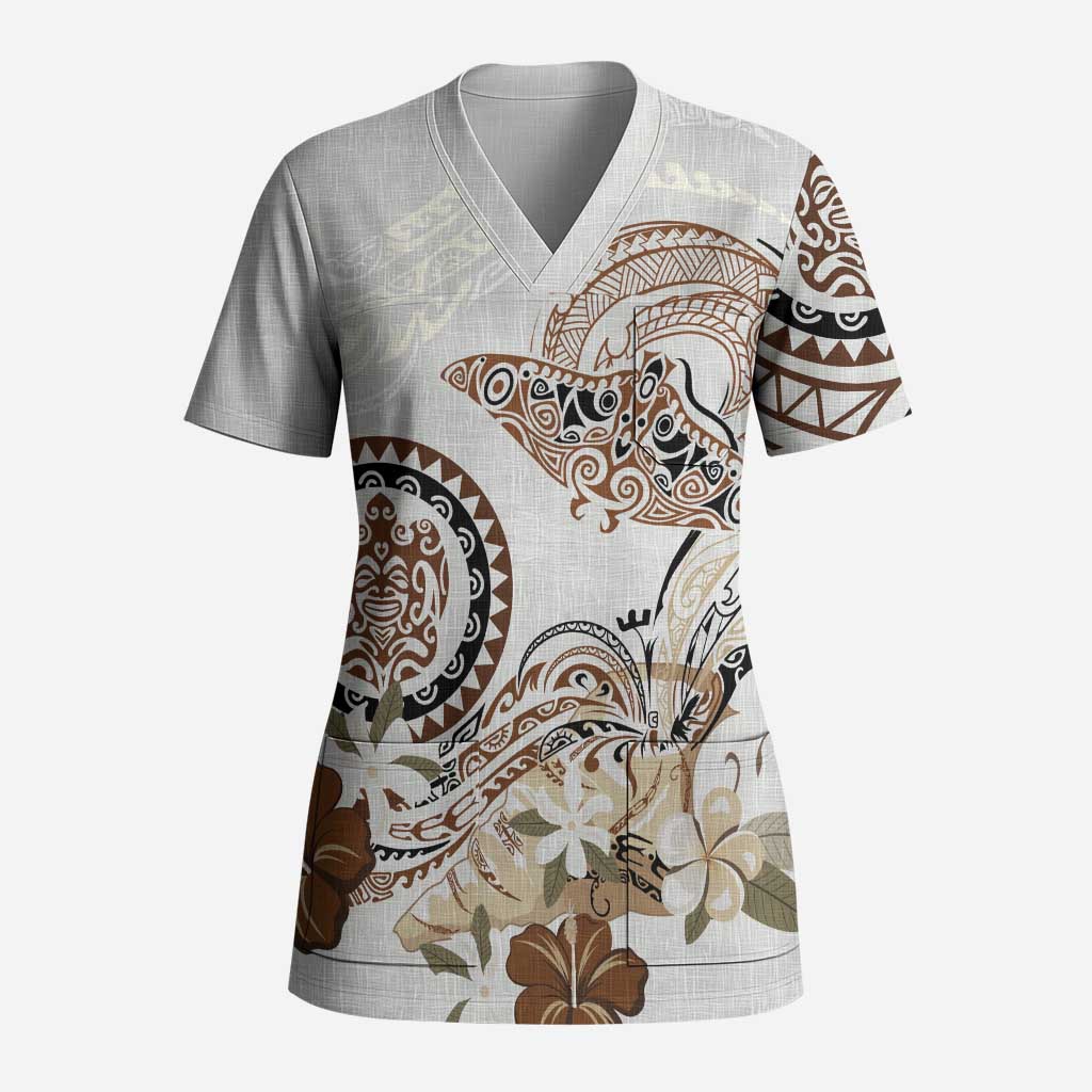 Polynesian Manta Ray Scrub Top Beige Floral Turtle Tattoo LT9 Adult Beige - Polynesian Pride