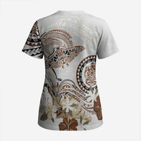 Polynesian Manta Ray Scrub Top Beige Floral Turtle Tattoo LT9 - Polynesian Pride