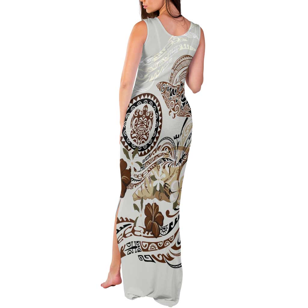 Polynesian Manta Ray Tank Maxi Dress Beige Floral Turtle Tattoo LT9 - Polynesian Pride
