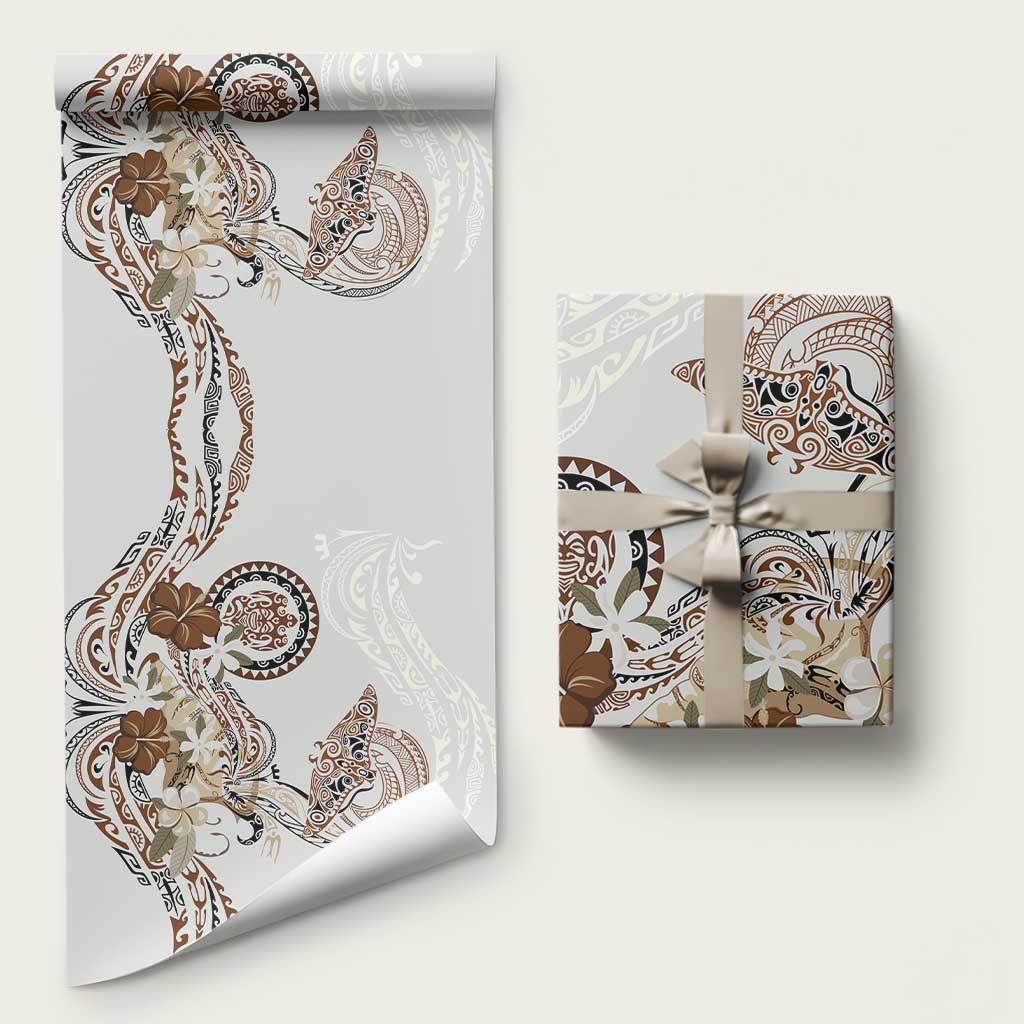 Polynesian Manta Ray Wrapping Paper Beige Floral Turtle Tattoo LT9 58" × 23" Beige - Polynesian Pride