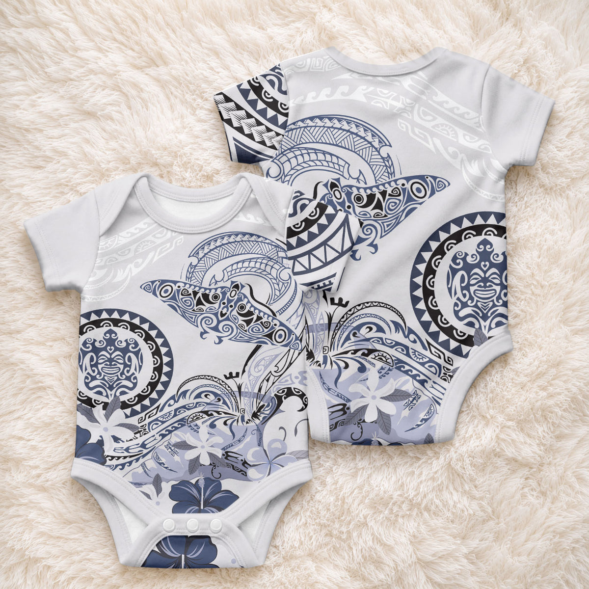 Polynesian Manta Ray Baby Onesie Blue Floral Turtle Tattoo LT9 - Polynesian Pride