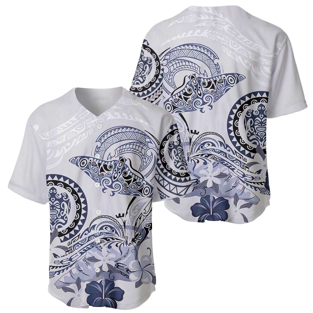 Polynesian Manta Ray Baseball Jersey Blue Floral Turtle Tattoo LT9 - Polynesian Pride