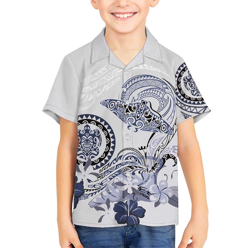 Polynesian Manta Ray Kid Hawaiian Shirt Blue Floral Turtle Tattoo LT9 Kid Blue - Polynesian Pride