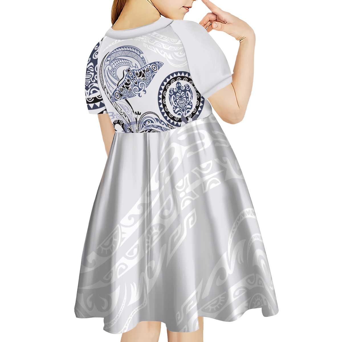 Polynesian Manta Ray Kid Short Sleeve Dress Blue Floral Turtle Tattoo LT9 - Polynesian Pride