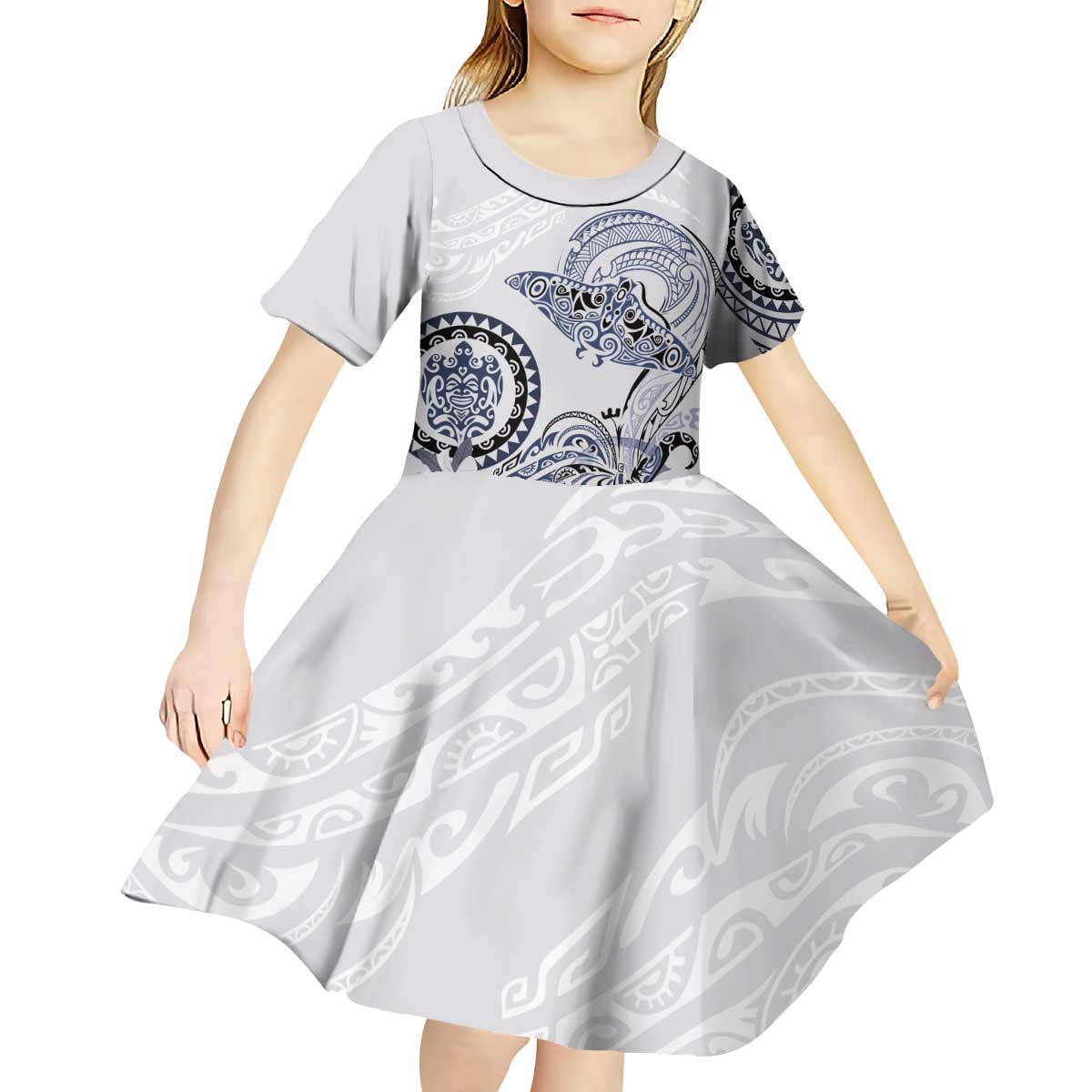 Polynesian Manta Ray Kid Short Sleeve Dress Blue Floral Turtle Tattoo LT9 - Polynesian Pride