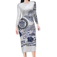 Polynesian Manta Ray Long Sleeve Bodycon Dress Blue Floral Turtle Tattoo LT9 Long Dress Blue - Polynesian Pride