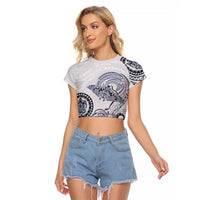Polynesian Manta Ray Raglan Cropped T Shirt Blue Floral Turtle Tattoo LT9 Female Blue - Polynesian Pride