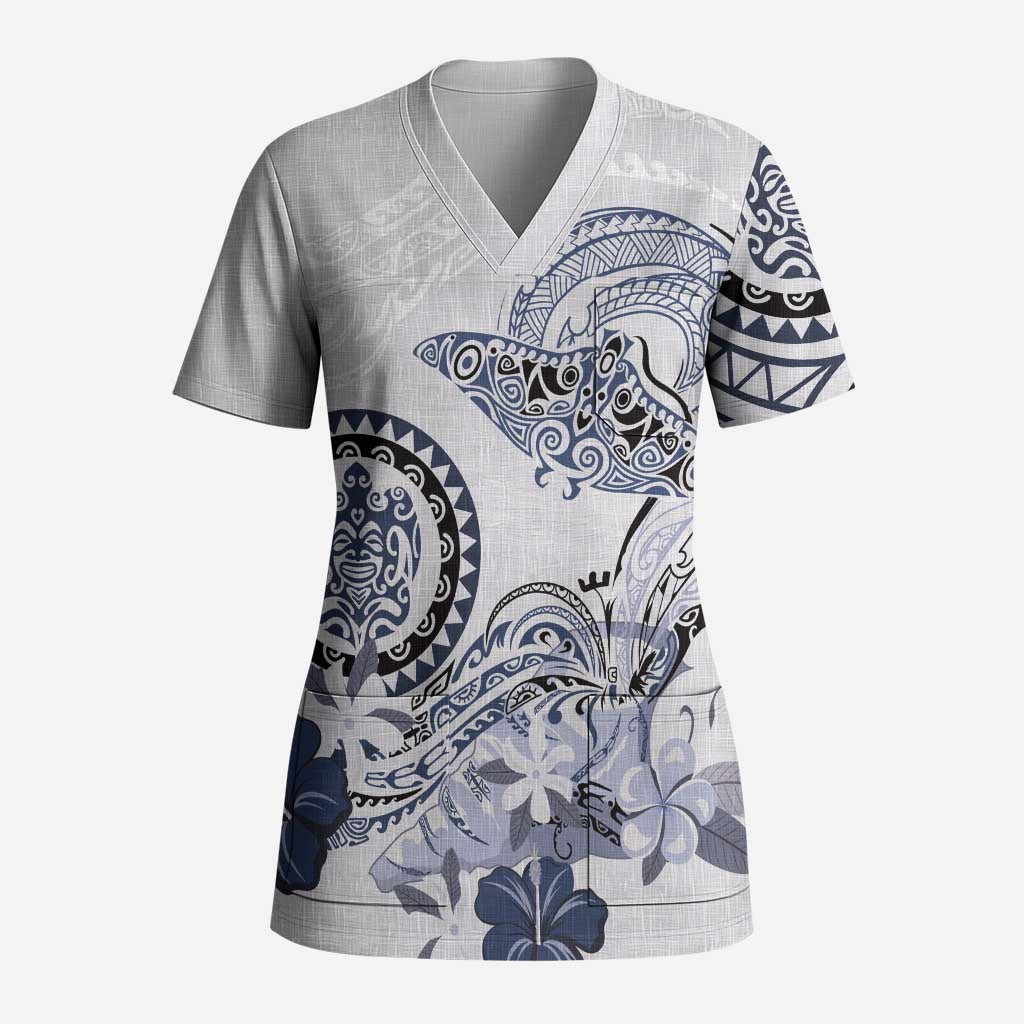 Polynesian Manta Ray Scrub Top Blue Floral Turtle Tattoo LT9 Adult Blue - Polynesian Pride