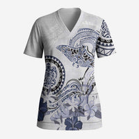 Polynesian Manta Ray Scrub Top Blue Floral Turtle Tattoo LT9 Adult Blue - Polynesian Pride