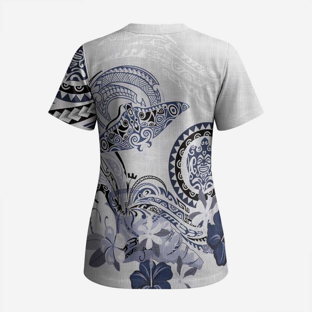Polynesian Manta Ray Scrub Top Blue Floral Turtle Tattoo LT9 - Polynesian Pride