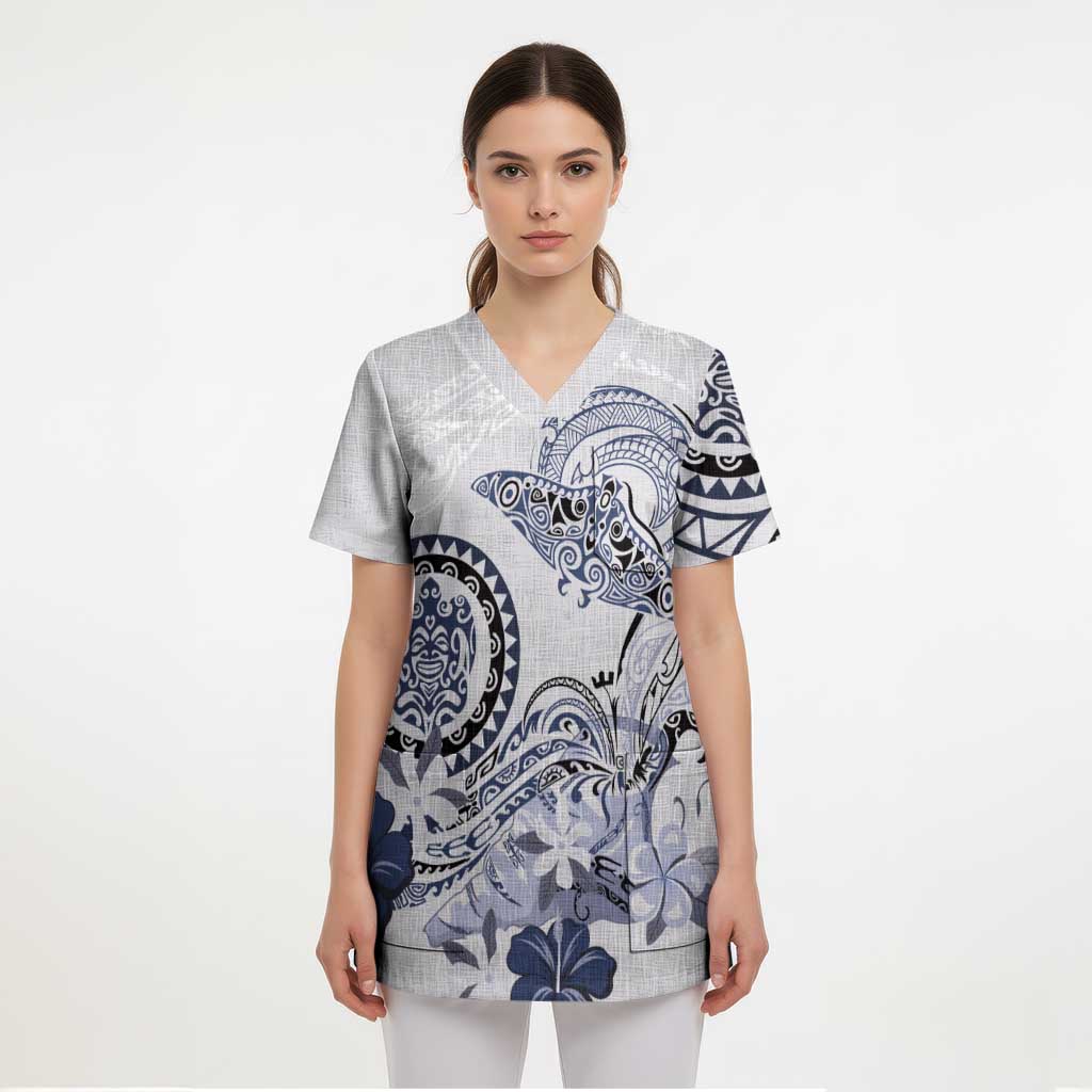 Polynesian Manta Ray Scrub Top Blue Floral Turtle Tattoo LT9 - Polynesian Pride
