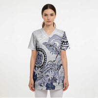 Polynesian Manta Ray Scrub Top Blue Floral Turtle Tattoo LT9 - Polynesian Pride