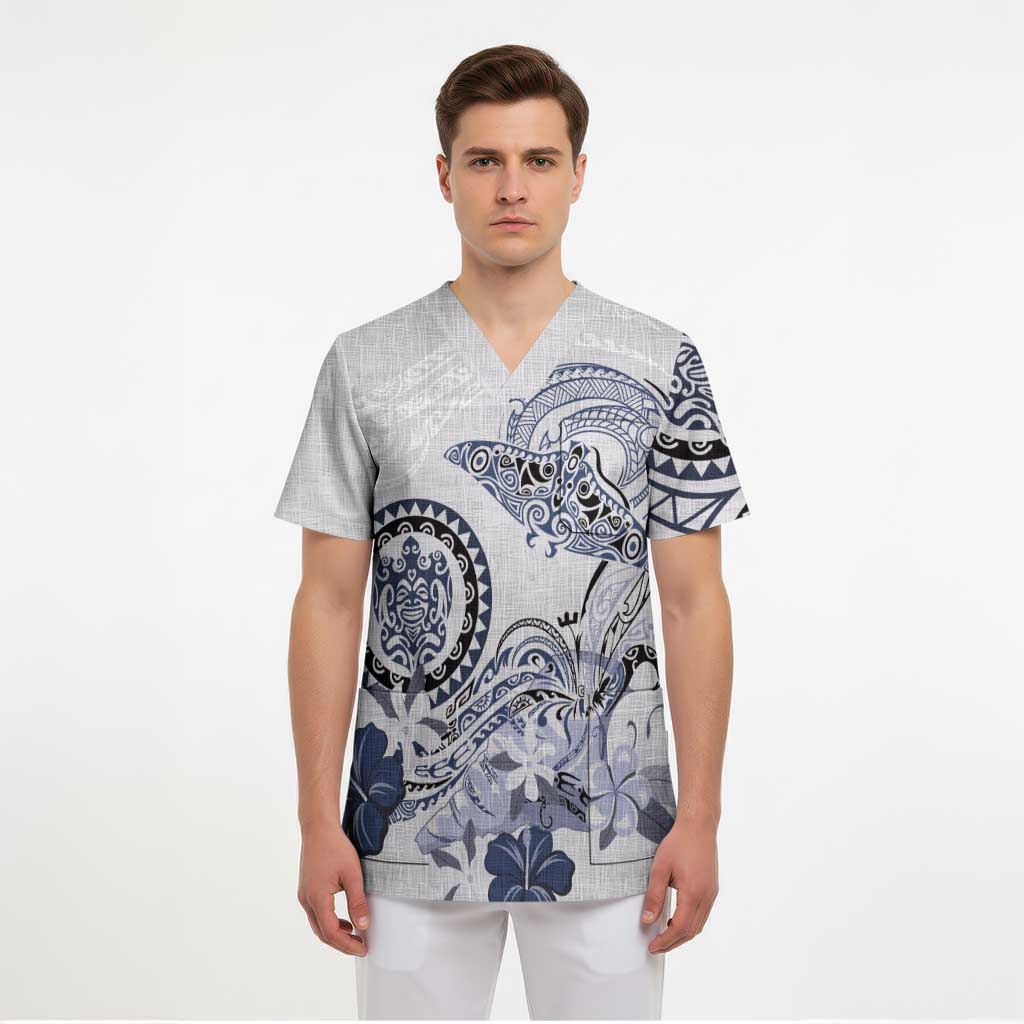 Polynesian Manta Ray Scrub Top Blue Floral Turtle Tattoo LT9 - Polynesian Pride