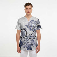 Polynesian Manta Ray Scrub Top Blue Floral Turtle Tattoo LT9 - Polynesian Pride