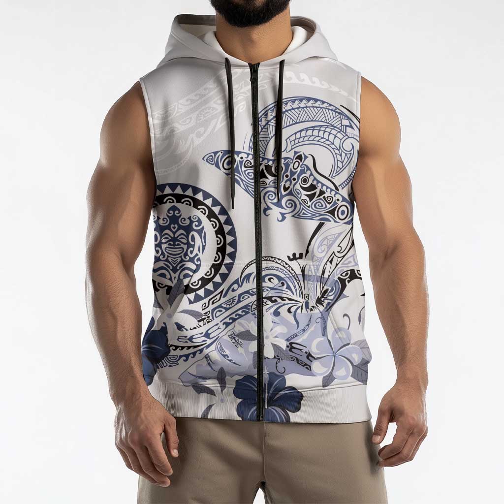 Polynesian Manta Ray Sleeveless Zip Hoodie Blue Floral Turtle Tattoo LT9 - Polynesian Pride
