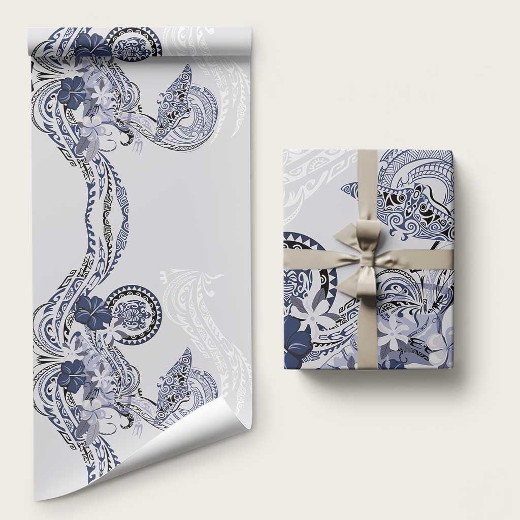 Polynesian Manta Ray Wrapping Paper Blue Floral Turtle Tattoo LT9 58" × 23" Blue - Polynesian Pride