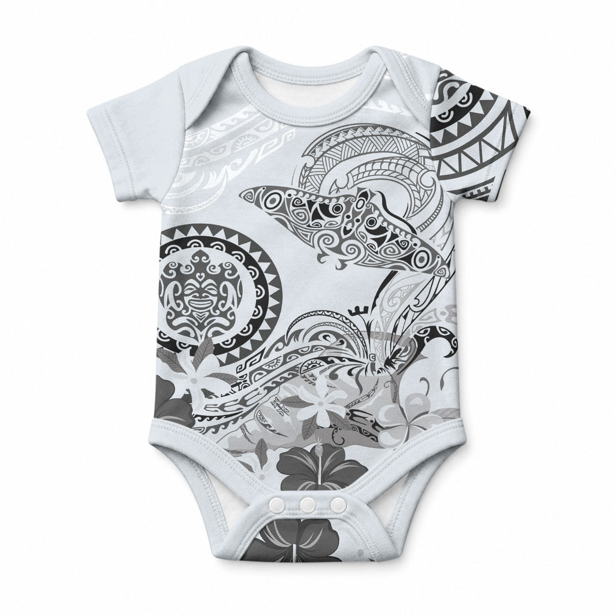 Polynesian Manta Ray Baby Onesie Gray Floral Turtle Tattoo LT9 Gray - Polynesian Pride