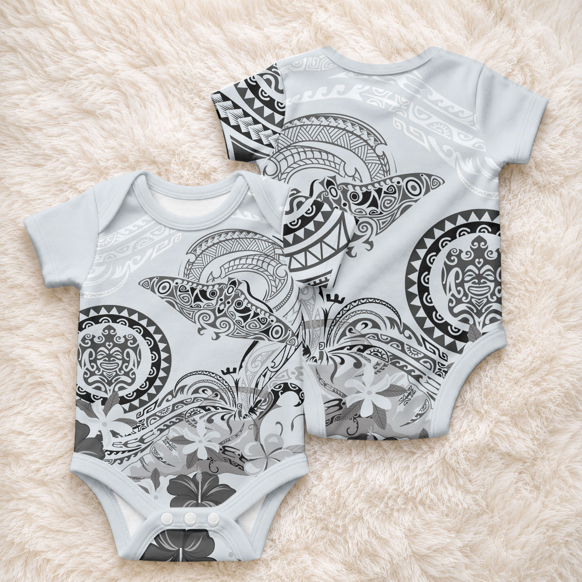 Polynesian Manta Ray Baby Onesie Gray Floral Turtle Tattoo LT9 - Polynesian Pride