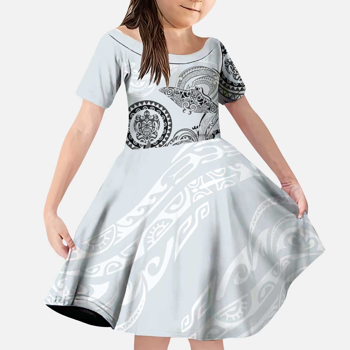 Polynesian Manta Ray Kid Short Sleeve Dress Gray Floral Turtle Tattoo LT9 KID Gray - Polynesian Pride
