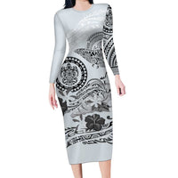Polynesian Manta Ray Long Sleeve Bodycon Dress Gray Floral Turtle Tattoo LT9 Long Dress Gray - Polynesian Pride