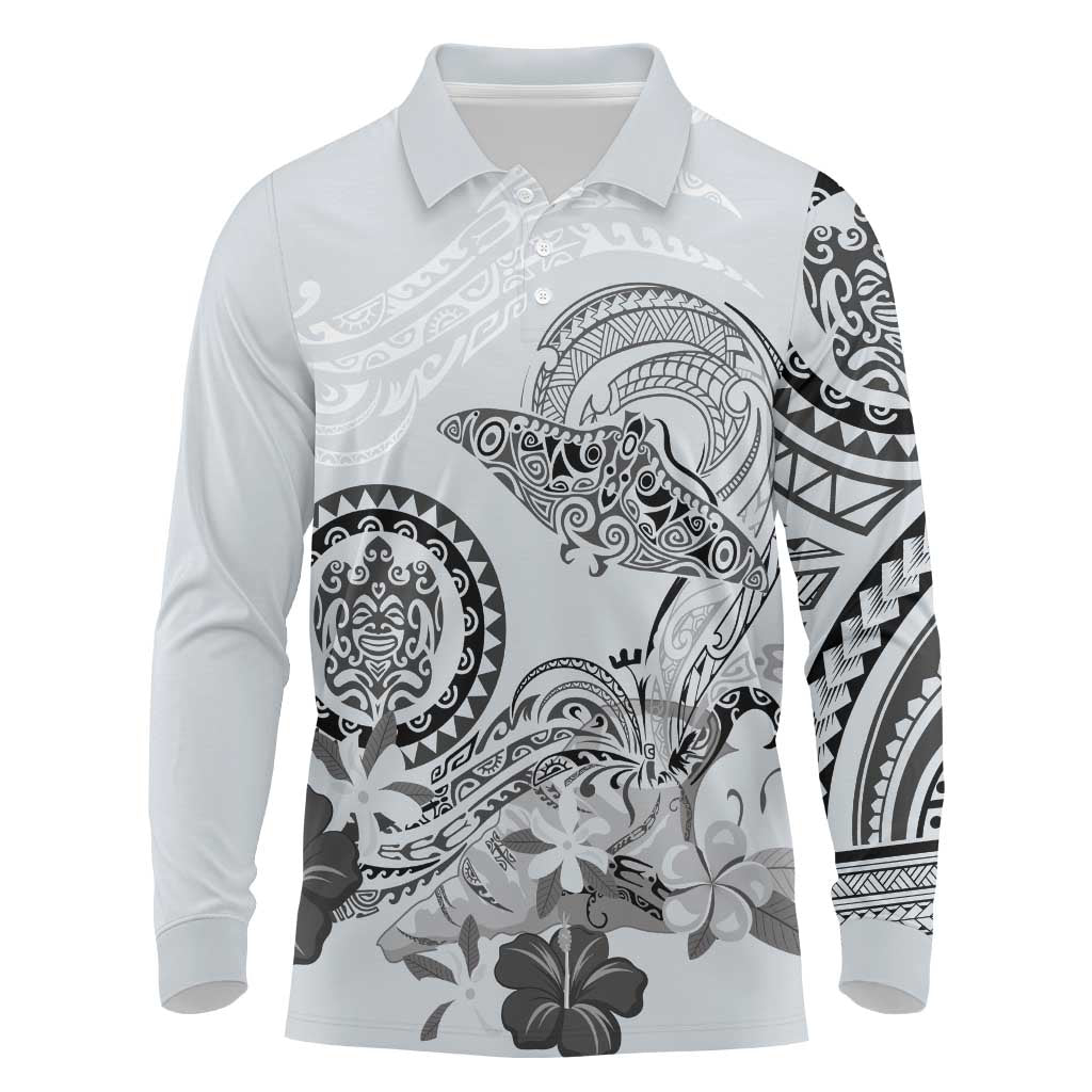 Polynesian Manta Ray Long Sleeve Polo Shirt Gray Floral Turtle Tattoo LT9 Gray - Polynesian Pride