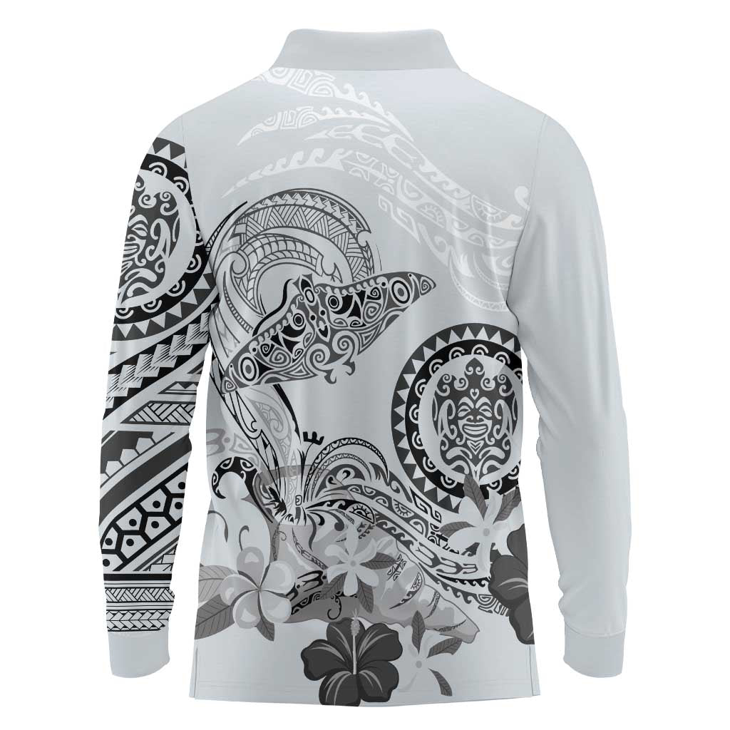 Polynesian Manta Ray Long Sleeve Polo Shirt Gray Floral Turtle Tattoo LT9 - Polynesian Pride