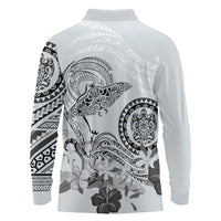 Polynesian Manta Ray Long Sleeve Polo Shirt Gray Floral Turtle Tattoo LT9 - Polynesian Pride